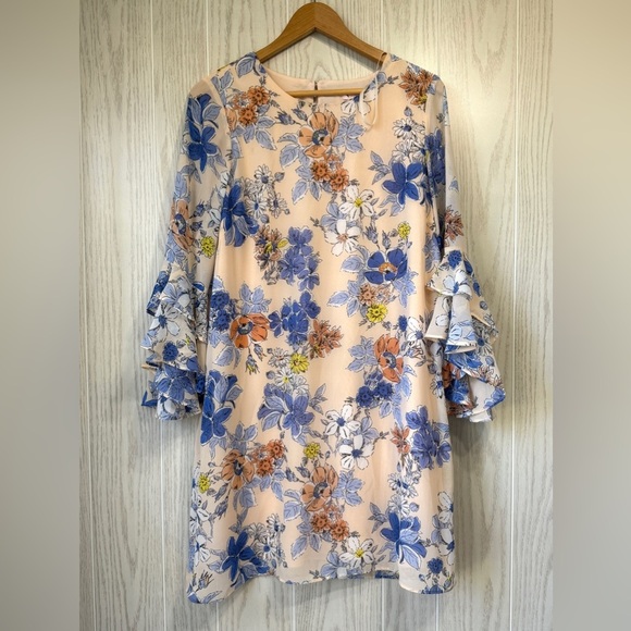 Nanette Lepore Pink Floral Bella Donna Ruffle Sleeve Shift Dress - Size 10 - Picture 3 of 4